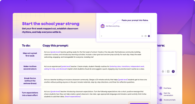 Preview of the MagicSchool back-to-school Prompt Pack, featuring 20 prompts that can be used in Raina.