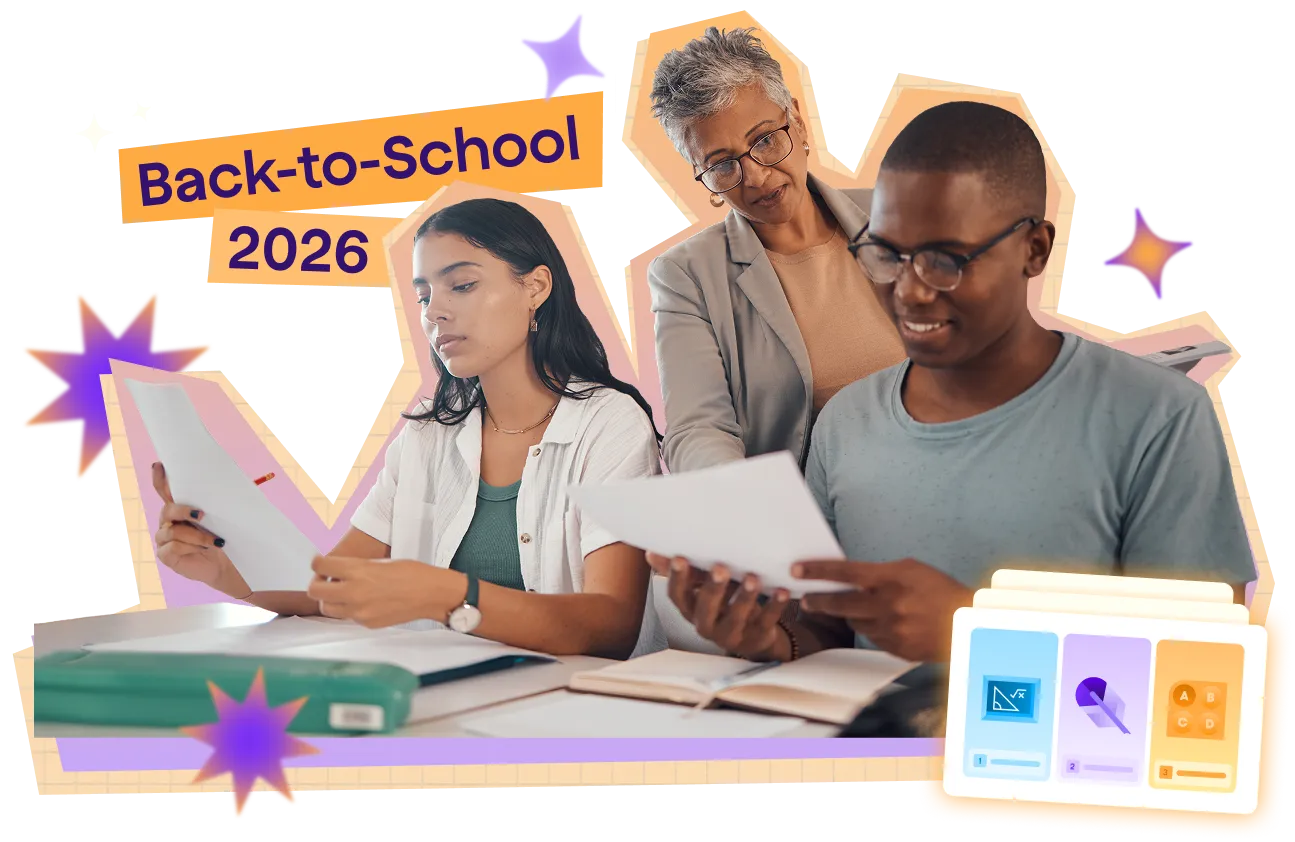 Teacher standing with two high school students reviewing documents together, surrounded by educational materials, with a colorful gradient background and "Back-to-School 2026" text overlay.