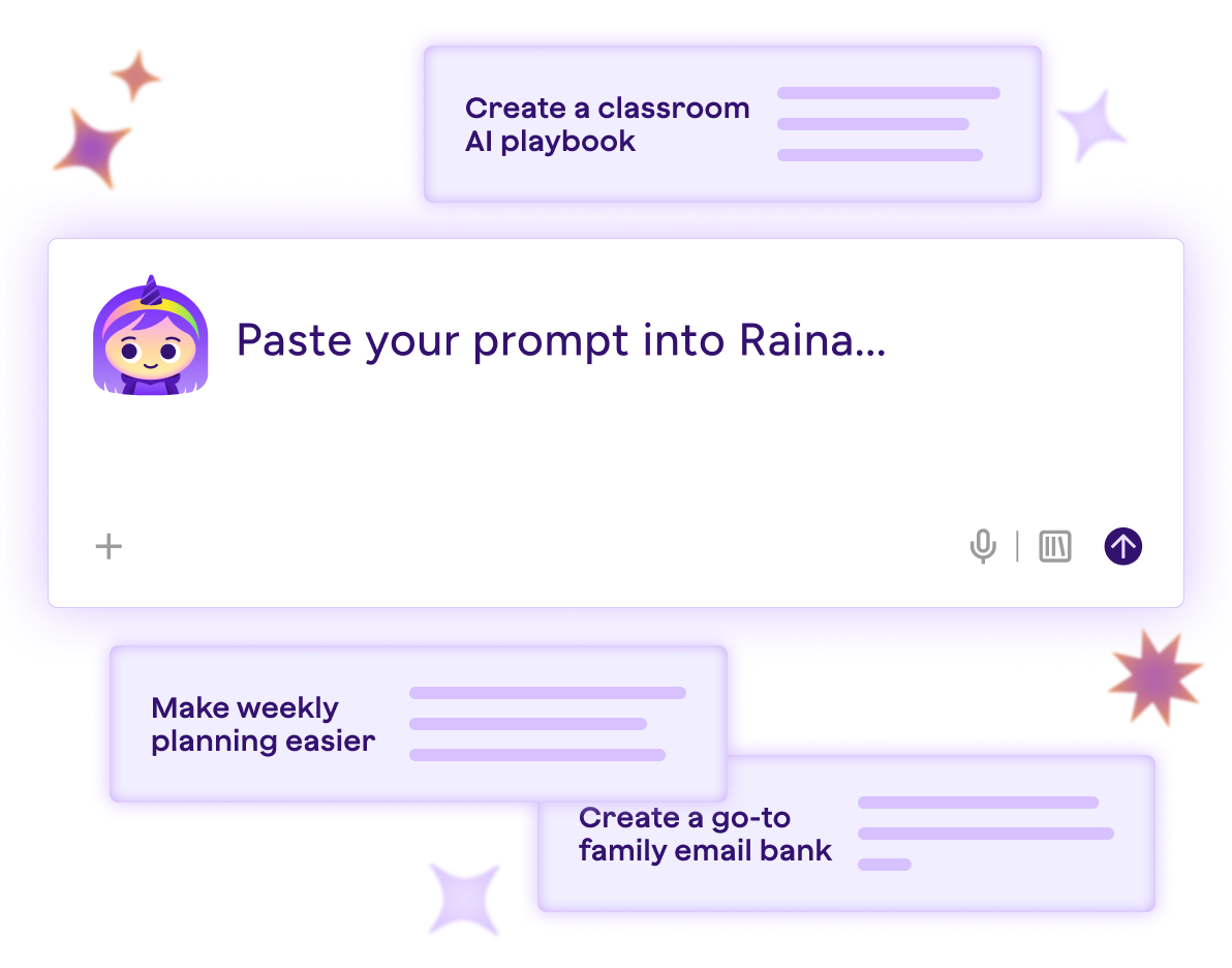 Illustration of Raina chat interface surrounded by 3 AI prompts