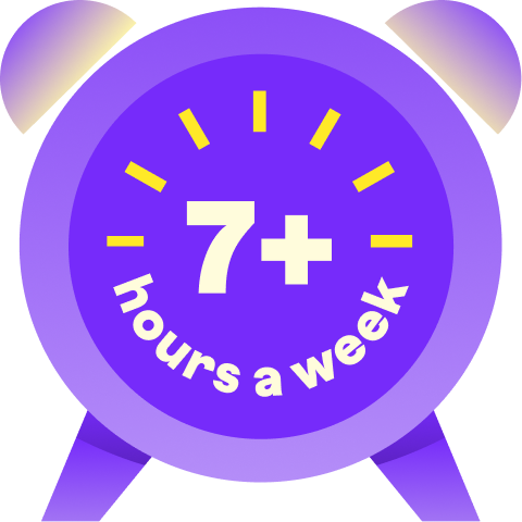 Illustration of an alarm clock with text: 7+ hours a week