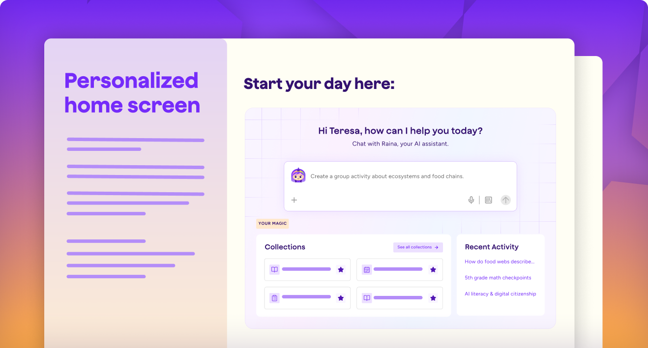 Illustrations showing a preview of the Getting Started in MagicSchool but chatting on your homescreen or browsing collections.