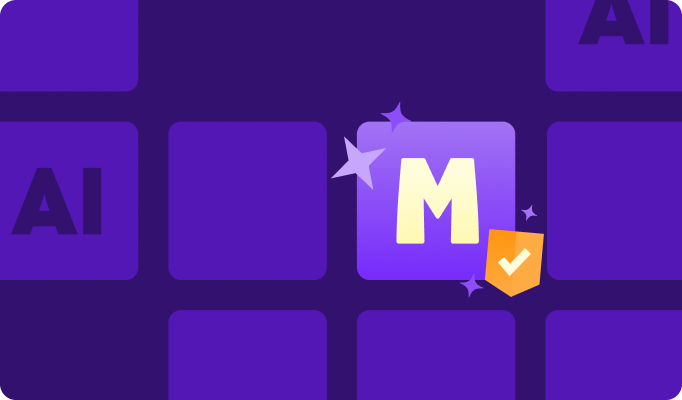 Square purple tiles overlaid on a darker purple background with a MagicSchool M logo on one tile alongside a yellow safety shield.
