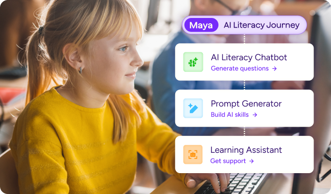 Image of a young female student working on a computer with MagicSchool tool cards overlaid: Maya's AI Literacy Journal features the AI Literacy Chatbot, the Prompt Generator, and the Learning Assistant.