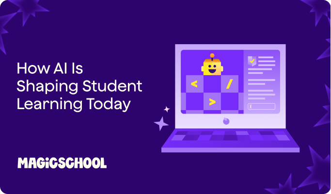 Video Thumbnail: How AI Is Shaping Student Learning Today text next to an illustration of a chatbot on a laptop computer screen.