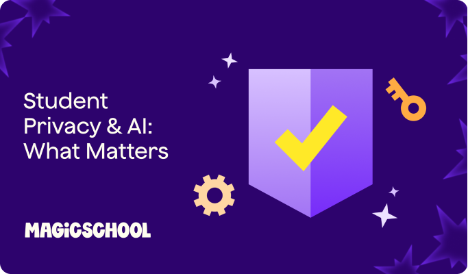 Video Thumbnail: Student Privacy & AI: What Matters text next to an illustration of a purple shield with a yellow check mark in the middle and a gear and key icon on the edges.