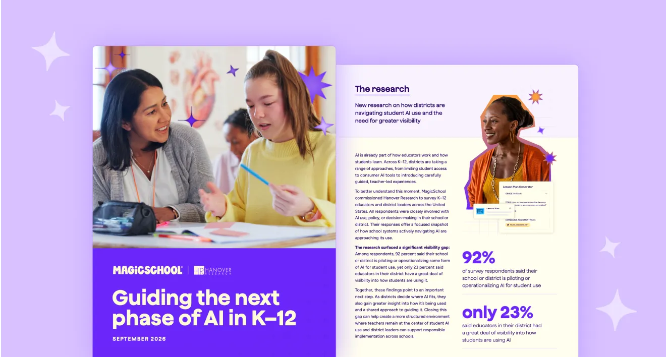 Preview of a downloadable guide titled 'Guiding the next phase of AI in K-12'. It previews 2 pages of the document and showcases a student and teacher working together in a classroom setting.