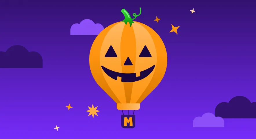 Hot air balloon designed as a smiling jack-o'-lantern with green stem, floating against a purple night sky with stars and clouds.
