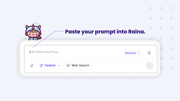 Stylized graphic of Raina chatbot prompt interface with Raina icon above and text: paste your prompt into Raina.