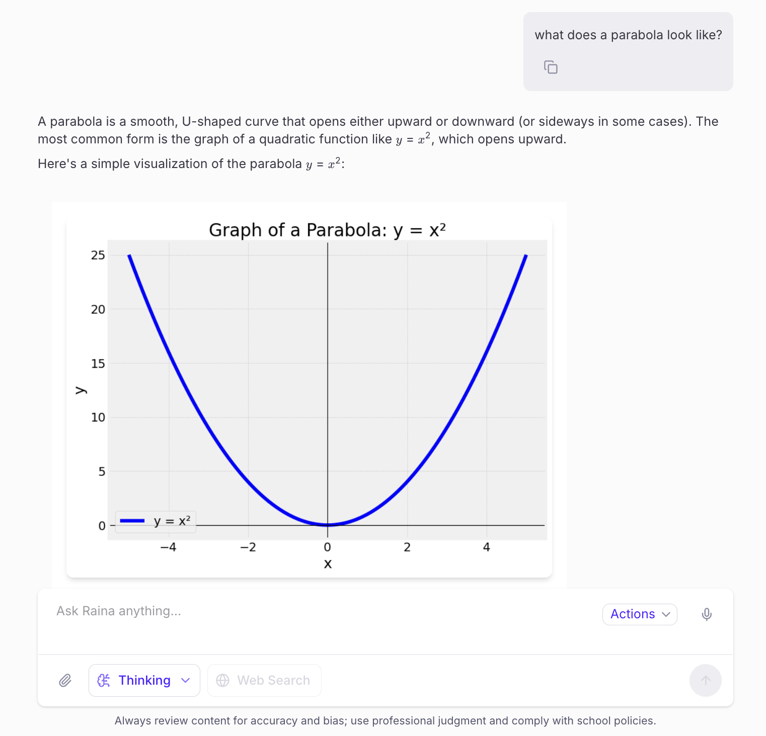 Screenshot of graphing feature in Raina using prompt: What does a parabola look like?