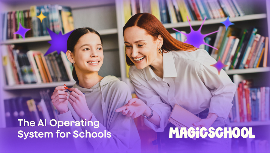 Educator smiling and engaging with a student in a school library, with text reading ‘The AI Operating System for Schools’ and the MagicSchool logo.
