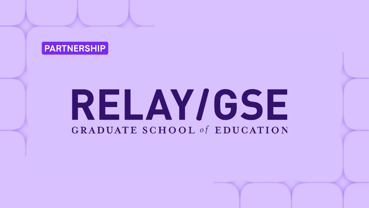 Purple card graphic with text: Partnership: Relay/GSE Graduate School of Education 