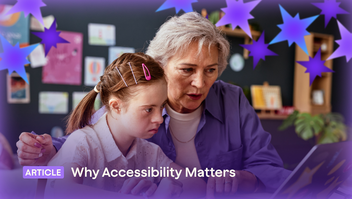 An older woman sits beside a young girl, guiding her as they work together on a tablet or laptop in a classroom. Colorful star shapes and student artwork decorate the background, reinforcing the theme of accessibility and inclusive learning.