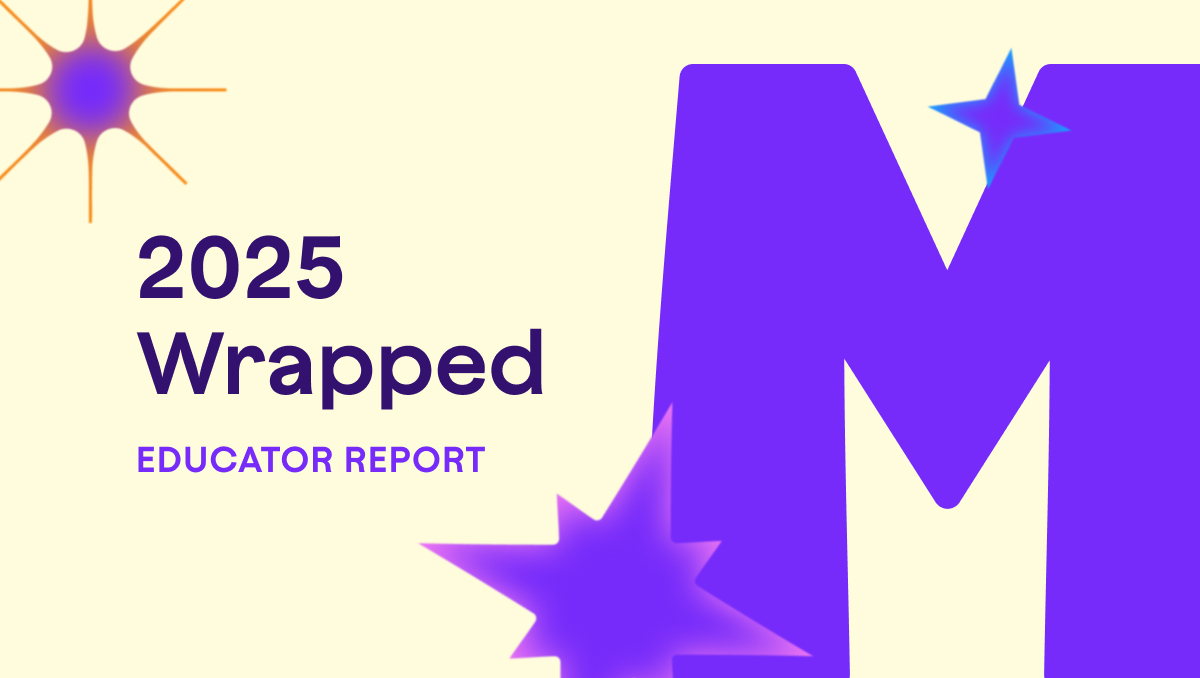 Graphic with the text “2025 Wrapped: Educator Report” alongside a large purple letter M and starburst shapes.