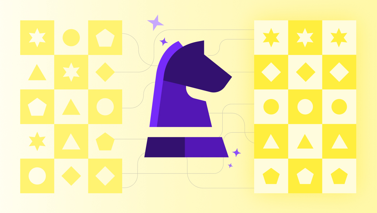 Stylized graphic of a chess board and chess piece on a yellow background, representing AI strategy.