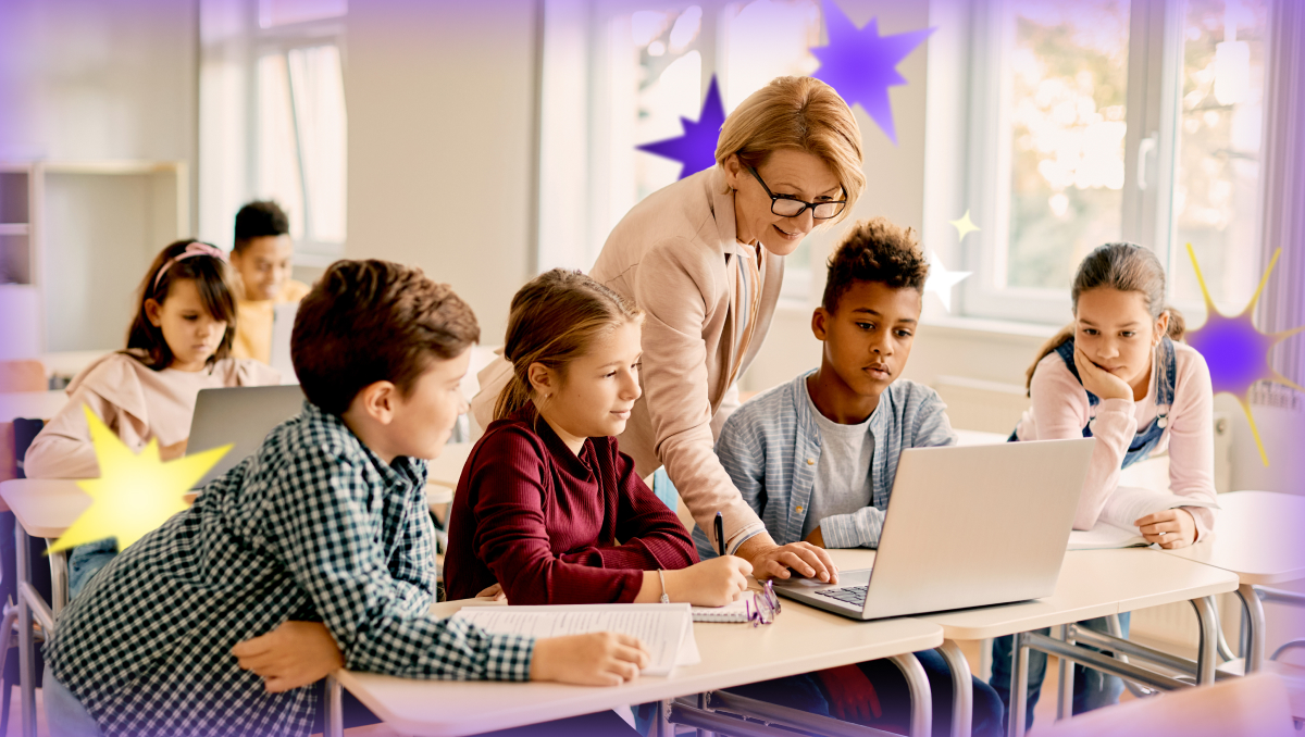 Illustration of a glowing yellow light bulb with a pink base floating in a soft purple sky, surrounded by clouds and abstract icons, representing ideas, creativity, and AI professional development for teachers through modern, supportive technology.