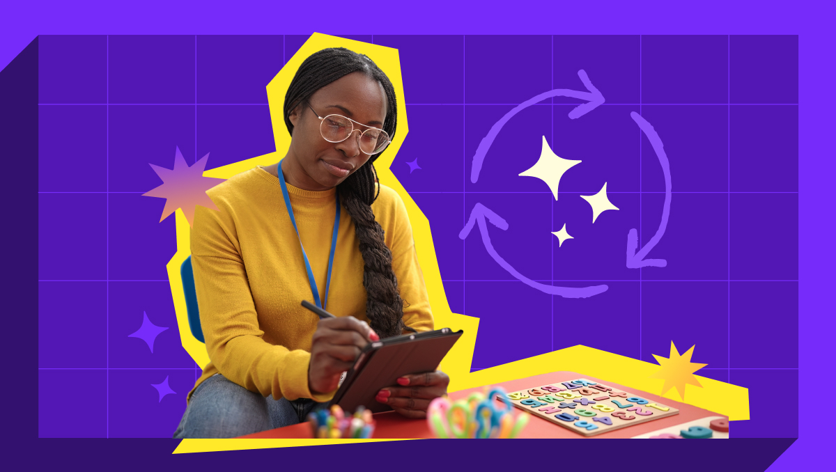 Illustration of a glowing yellow light bulb with a pink base floating in a soft purple sky, surrounded by clouds and abstract icons, representing ideas, creativity, and AI professional development for teachers through modern, supportive technology.