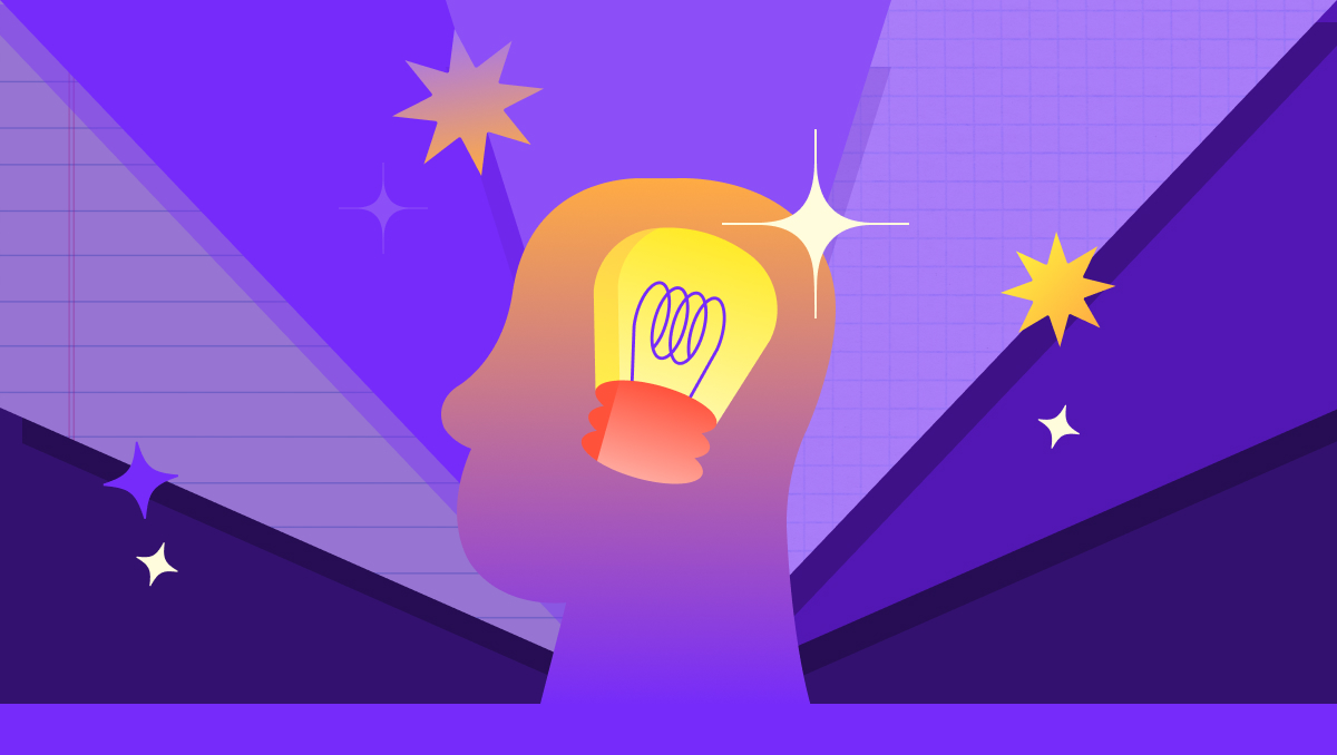 Illustration of a glowing yellow light bulb with a pink base floating in a soft purple sky, surrounded by clouds and abstract icons, representing ideas, creativity, and AI professional development for teachers through modern, supportive technology.