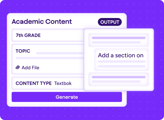 Stylized graphic of Academic Content tool, showing fields for subject, topic, attachments, and content type.