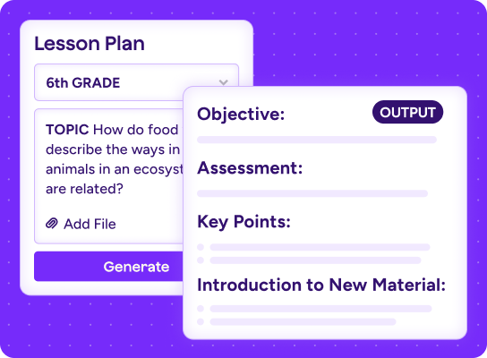 Stylized graphic of Lesson Plan tool showing fields for grade, topic, attachments, and showing a second screen of the output.