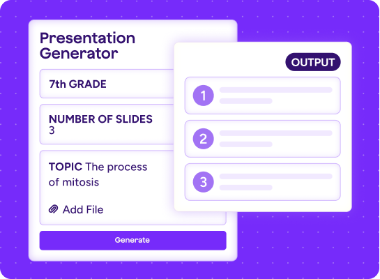 Stylized graphic of the Presentation Generator tool showing fields for grade, number of slides, topic and attachments.