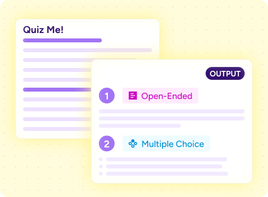 Stylized graphic of Quiz Me! tool showing option for open-ended or multiple choice questions