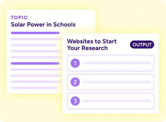 Stylized graphic of Research Assistant tool showing the topic 'Solar Power in School' and websites to start your research