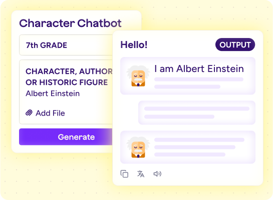 Stylized graphic of Character Chatbot tool showing inputs fields for grade, character, and attachments and output for an Albert Einstein chatbot.