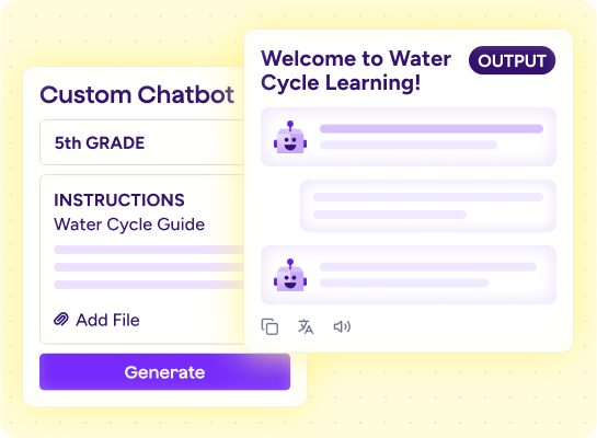Stylized graphic of a Custom Chatbot with input fields for grade, instructions, and attachments next to an output of a custom chatbot for Water Cycle Learning.