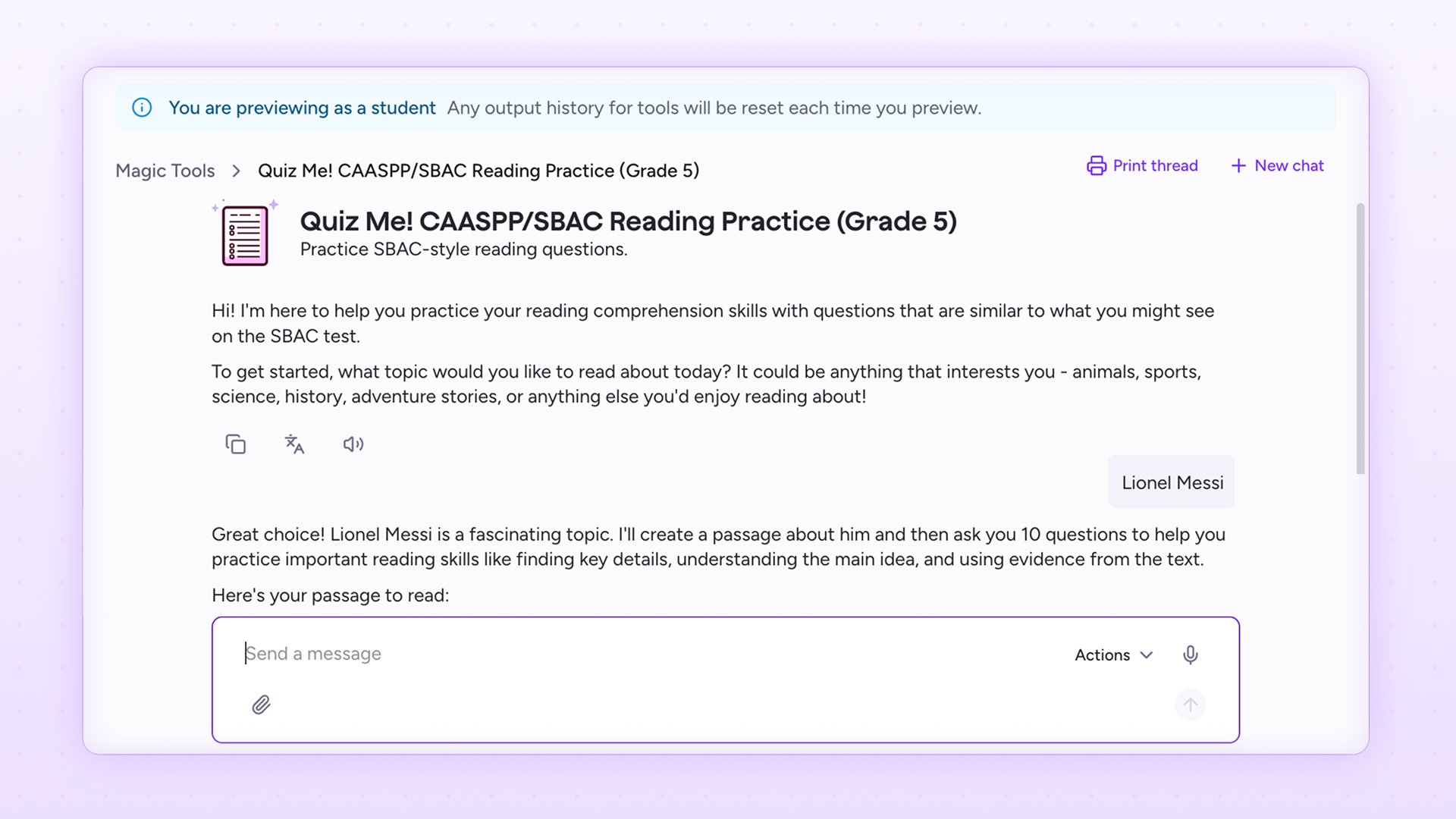 Screenshot of a student preview view in MagicSchool showing a Grade 5 CAASPP/SBAC reading practice tool with a prompt to choose a topic and generate a passage and questions.