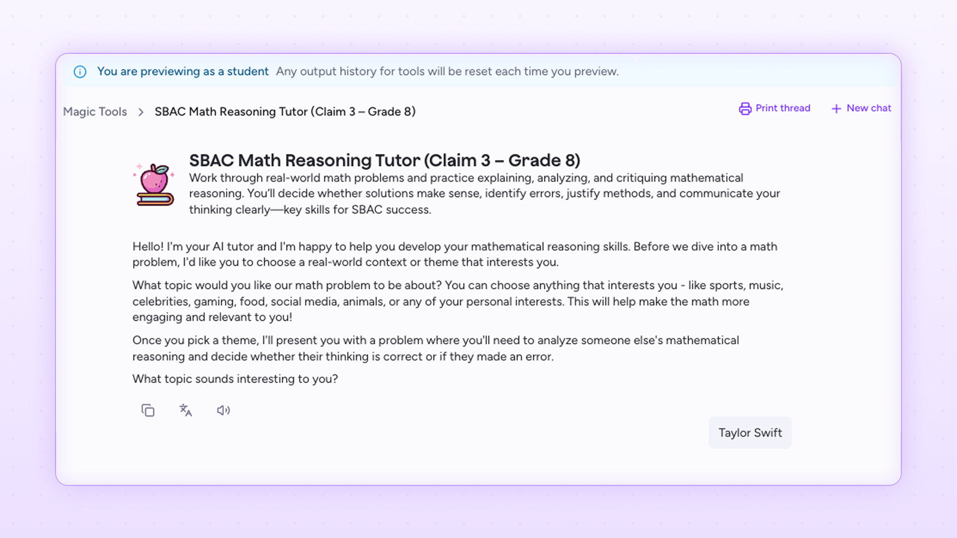 Screenshot of a student preview in MagicSchool showing a Grade 8 SBAC math reasoning problem about Taylor Swift, prompting students to analyze and critique a step-by-step solution.