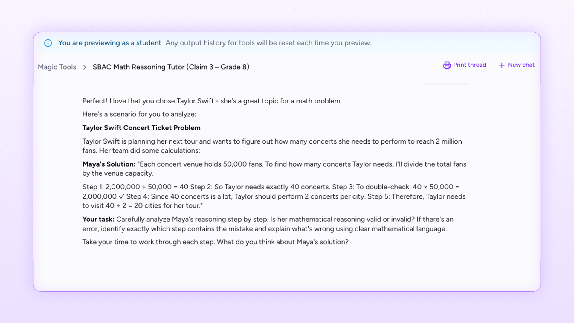 Screenshot of a student preview in MagicSchool showing a Grade 8 SBAC math reasoning tutor, prompting students to choose a topic and work through real-world problem-solving and explanation.