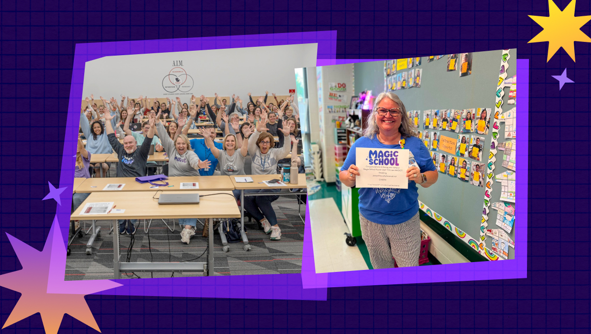 Illustration of a glowing yellow light bulb with a pink base floating in a soft purple sky, surrounded by clouds and abstract icons, representing ideas, creativity, and AI professional development for teachers through modern, supportive technology.