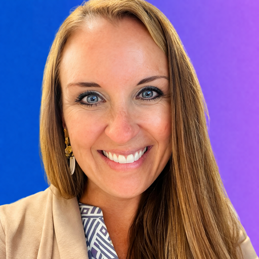 Headshot of author Karisa smiling against a blue and purple gradient background.