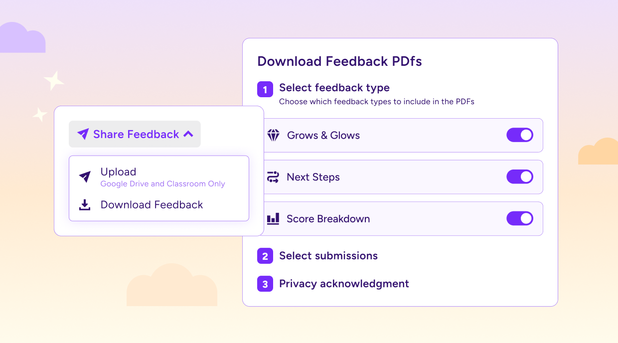 Illustration of in-app screens that allow users to export writing feedback as PDFs