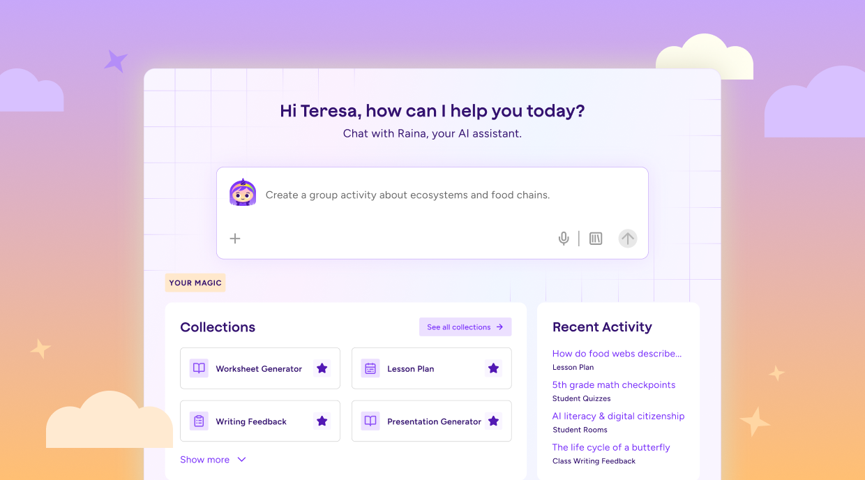 Illustration of new personalized home screen in MagicSchool showing a welcome message, prompt field, collections, and recent activity.