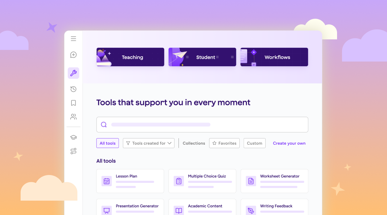 Illustration showing the updated all tools page with tabs for teaching, student, and workflow as well as a search bar, filters, and popular tools