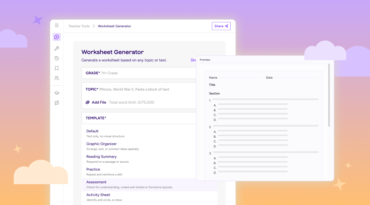Illustration of Worksheet Generator tool, showing fields for grade, topic, and template alongside a print-ready worksheet.