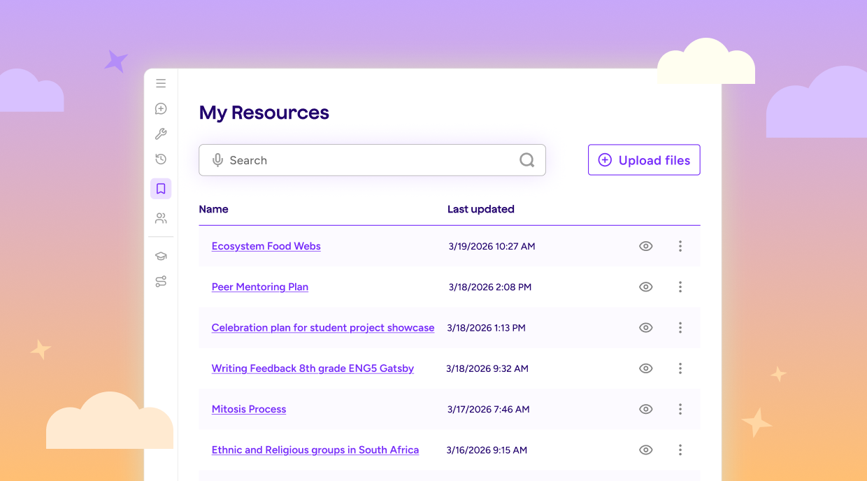 Illustration of the My Resources feature in MagicSchool, showing a search bar, file upload option as well as library of resources already uploaded.
