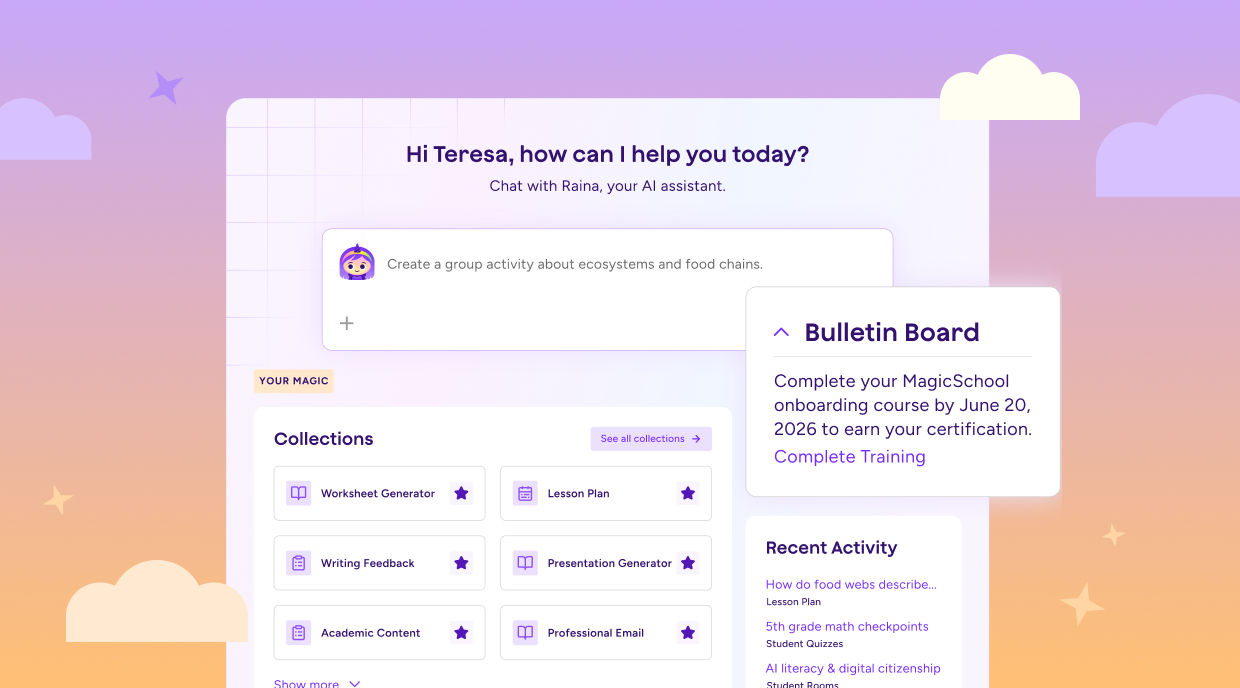 Illustration of the MagicSchool home screen, where Admins can share welcome messages, post key resources, and communicate district initiatives directly with their teachers.