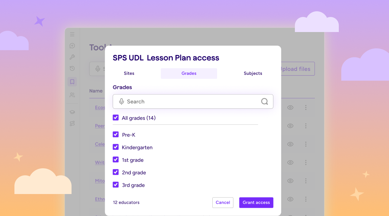 Illustration showing how admins can assign tools based on school, grade, or subject area.