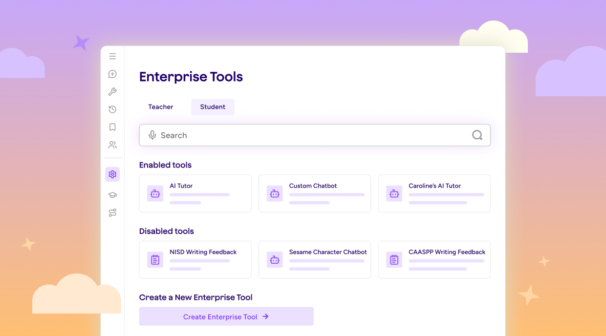 Illustration of Enterprise Tools within MagicSchool. The screen shows tabs for teacher and student tools as well as a search bar and sections for enables and disabled tools.