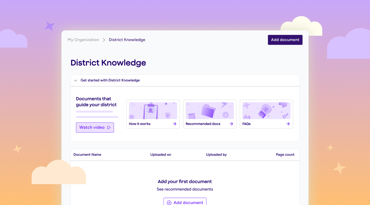 Illustration showing the District Knowledge feature in MagicSchool where admins can upload documents and see their library of previously uploaded documents.