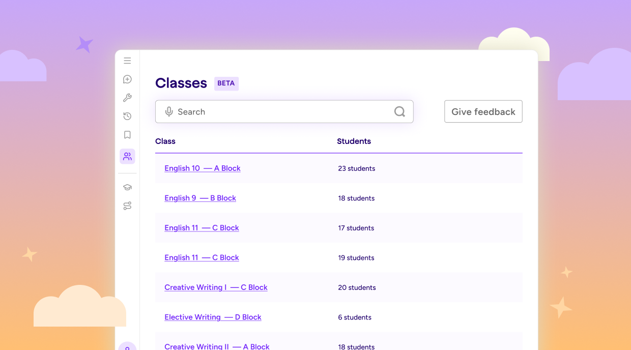 Illustration showing Rostering functionality in MagicSchool with a screen for Classes, a search bar, and table showing the class name and number of students.