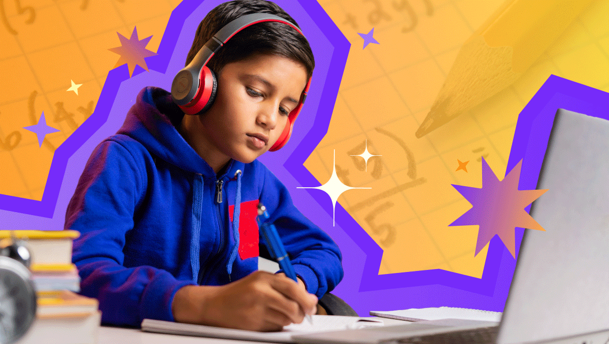 Illustration of a glowing yellow light bulb with a pink base floating in a soft purple sky, surrounded by clouds and abstract icons, representing ideas, creativity, and AI professional development for teachers through modern, supportive technology.