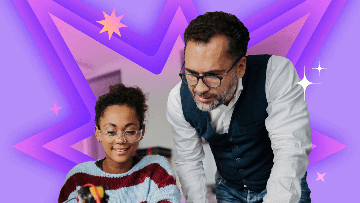 Illustration of a glowing yellow light bulb with a pink base floating in a soft purple sky, surrounded by clouds and abstract icons, representing ideas, creativity, and AI professional development for teachers through modern, supportive technology.