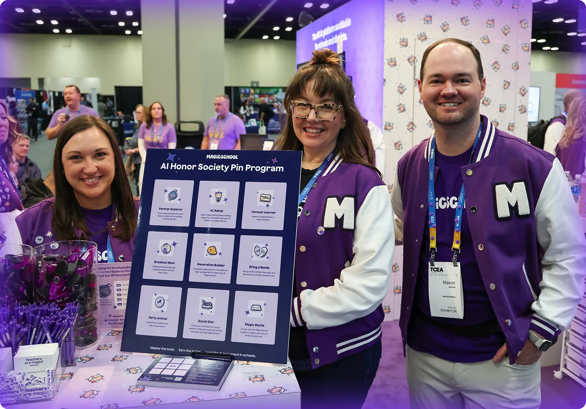 Three MagicSchool employees posing together in front of the MagicSchool trade show booth.