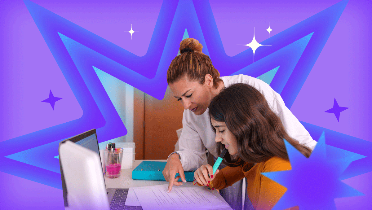 Illustration of a glowing yellow light bulb with a pink base floating in a soft purple sky, surrounded by clouds and abstract icons, representing ideas, creativity, and AI professional development for teachers through modern, supportive technology.