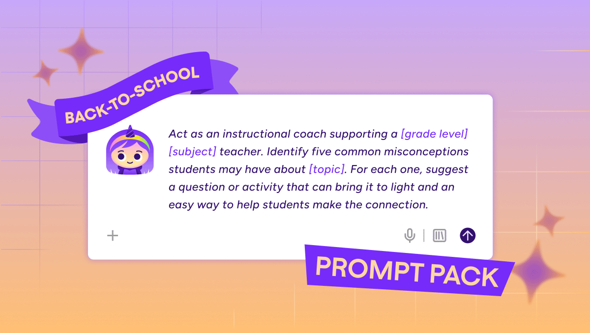 Illustration of a glowing yellow light bulb with a pink base floating in a soft purple sky, surrounded by clouds and abstract icons, representing ideas, creativity, and AI professional development for teachers through modern, supportive technology.