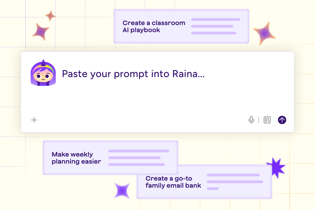 Illustration of Raina chat interface surrounded by 3 AI prompts