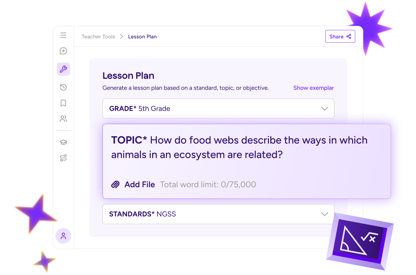Illustration of the AI Lesson Plan Generator tool, set for 5th grade, aligned to NGSS standards and topic set to: How do food webs describe the ways in which animals in an ecosystem are related?
